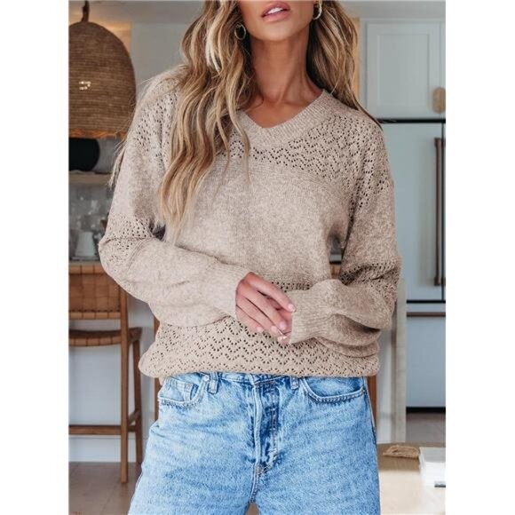 Women's Sweaters Casual Long Sleeve V Neck Crewneck Lightweight Crochet - Picture 2 of 6